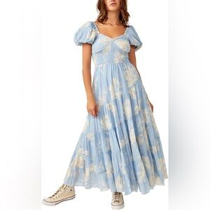 NWT Free People Short Sleeve Sundrenched Maxi Dress in Sky Combo Large